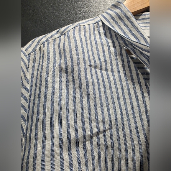 Frame Handkerchief Button Down Tie Collar Blue White Striped Linen Women L - Picture 2 of 9